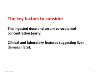 The key factors to consider
The ingested dose and serum paracetamol
concentration (early)
Clinical and laboratory features suggesting liver
damage (late).
8/27/2018 7
 