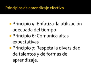 Principios de aprendizajeefectivoPrincipio 5: Enfatiza  la utilización adecuada del tiempoPrincipio 6: Comunica altas expectativasPrincipio 7: Respeta la diversidad de talentos y de formas de aprendizaje.