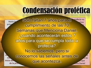 Solo faltan 7menciona en tiempo donde de profecía no
    Hasta la muerte del Mesías
                                       Paréntesis
                                          años para el la los hechos
                                                   cosas especificas
  príncipe van 69 semanas, falta
                       cumplimientohan de suceder. 70tenemos el dato
      una semana de 7 años..
                                       que de las Solo
                                       de la destrucción de la ciudad en el año 70
              Semanas que Menciona manifieste el inicuo. es
                                       d.C. y la devastación Daniel. fin,
                                           decir cuando se
                                                             durará hasta el

                ¿cuando acontecerán estos 7
             añosaños Calendario Judíose cumpla toda la 7 años
                  483 para que                    Condensación profética
                444 a.C.         profecía?
                                   33 d.C.

    Se da la orden de No lo sabemos, pero si
reconstruir la plaza y el                                      483 años+7 años = 490
             conocemos las señales
  muro en Jerusalén.
                                  Muerte de nuestro antes de
                                                                Correspondientes a las
                                   Señor Jesucristo.
Inicio del cumplimiento
     de la profecía.
                             que acontezca.                        70 semanas que
                                                                   menciona Daniel
 