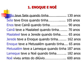 1. ENOQUE E NOÉ Adão  teve Sete quando tinha……….......... 130 anos Sete  teve Enos quando tinha…………....... 105 anos Enos  teve Cainã quando tinha……….......... 90 anos Cainã  teve a Maalaleel quando tinha…...... 70 anos Maalaleel  teve a Jerede quando tinha..…… 65 anos Jerede  teve a Enoque quando tinha…...... 162 anos Enoque  teve a Metusalém quando tinha.... 65 anos Metusalém  teve a Lameque quando tinha 187 anos Lameque  teve a Noé quando tinha……….. 182 anos Noé  viveu antes do dilúvio…………………... 600 anos 