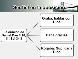 Ser fiel en la oposición
La oración de
Daniel Dan 6:10,
11; Sal 34:1
Oraba, hablar con
Dios
Daba gracias
Rogaba: Suplicar a
Dios
 