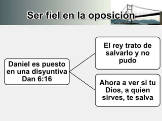 Ser fiel en la oposición
Daniel es puesto
en una disyuntiva
Dan 6:16
El rey trato de
salvarlo y no
pudo
Ahora a ver si tu
Dios, a quien
sirves, te salva
 