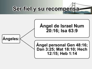 Ser fiel y su recompensa
Ángeles:
Ángel de Israel Num
20:16; Isa 63:9
Ángel personal Gen 48:16;
Dan 3:25; Mat 18:10; Hech
12:15; Heb 1:14
 