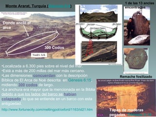1 de las 13 anclas
  Monte Ararat, Turquia (Génesis 8:4)                               encontradas



Donde ancló el
arca




                           300 Codos



•Localizada a 6.300 pies sobre el nivel del mar.
•Está a más de 200 millas del mar más cercano.
•Las dimensiones concuerdan con la descripción                    Remache fosilizado
Bíblica de El Arca de Noé descrita en Génesis 6:15,
midiendo 300 codos de largo.
•La anchura era mayor que la mencionada en la Biblia
debido a que los lados del barco se habían
colapsado, lo que se entiende en un barco con esta
antigüedad.
http://www.fortunecity.com/meltingpot/oxford/1163/id21.htm   Tapas de maderas
                                                             pegadas, Génesis 6:14
 