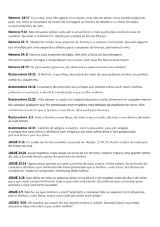 Números 24:17 Eu o vejo, mas não agora; eu o avisto, mas não de perto. Uma estrela surgirá de
Jacó; um cetro se levantará de Israel. Ele esmagará as frontes de Moabe e o crânio de todos
os descendentes de Sete.
Números 9:12 Não deixarão sobrar nada até o amanhecer e não quebrarão nenhum osso do
cordeiro. Quando a celebrarem, obedeçam a todas as leis da Páscoa.
Números 21: 9 Moisés fez então uma serpente de bronze e a colocou num poste. Quando alguém
era mordido por uma serpente e olhava para a serpente de bronze, permanecia vivo.
Números 24: 8 Deus os está trazendo do Egito; eles têm a força do boi selvagem.
Devoram nações inimigas e despedaçam seus ossos; com suas flechas os atravessam.
Números 24:19 De Jacó sairá o governo; ele destruirá os sobreviventes das cidades".
Deuteronômio 18:15 O Senhor, o seu Deus, levantará do meio de seus próprios irmãos um profeta
como eu; ouçam-no.
Deuteronômio 18:18 Levantarei do meio dos seus irmãos um profeta como você; porei minhas
palavras na sua boca, e ele dirá a vocês tudo o que eu lhe ordenar.
Deuteronômio 21:23 Não deixem o corpo no madeiro durante a noite. Enterrem-no naquele mesmo
dia, porque qualquer que for pendurado num madeiro está debaixo da maldição de Deus. Não
contaminem a terra que o Senhor, o seu Deus, dá a vocês por herança.
Deuteronômio 6:5 Ame o Senhor, o seu Deus, de todo o seu coração, de toda a sua alma e de todas
as suas forças.
Deuteronômio 32:43 Cantem de alegria, ó nações, com o povo dele, pois ele vingará
o sangue dos seus servos; retribuirá com vingança aos seus adversários e fará propiciação
por sua terra e por seu povo
JOSUÉ 2:18 O cordão de fio de escarlata na janela de Raabe (2.18,21) ilustra a obra de redenção
de Cristo na cruz.
JOSUÉ 24:26 Josué registrou essas coisas no Livro da Lei de Deus. Depois ergueu uma grande pedra
ali, sob a Grande Árvore, perto do santuário do Senhor.
JOSUÉ 23:14 "Agora estou prestes a ir pelo caminho de toda a terra. Vocês sabem, lá no fundo do
coração e da alma, que nenhuma das boas promessas que o Senhor, o seu Deus, fez deixou de
cumprir-se. Todas se cumpriram; nenhuma delas falhou.
JOSUÉ 1:18 Não deixe de falar as palavras deste Livro da Lei e de meditar nelas de dia e de noite,
para que você cumpra fielmente tudo o que nele está escrito. Só então os seus caminhos pros-
perarão e você será bem-sucedido.
JOSUÉ 1:9 Não fui eu que ordenei a você? Seja forte e corajoso! Não se apavore nem desanime,
pois o Senhor, o seu Deus, estará com você por onde você andar".
JUÍZES 9:33 De manhã, ao nascer do sol, avance contra a cidade. Quando Gaal e sua tropa
atacarem, faça com eles o que achar melhor".
 
