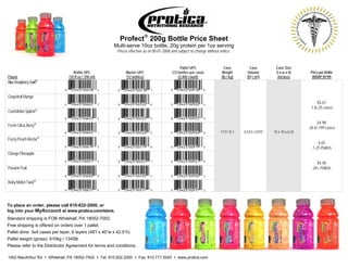 Profect 200g Bottle Price Sheet
                                                        Multi-serve 10oz bottle, 20g protein per 1oz serving
                                                          Prices effective as of 08-01-2008 and subject to change without notice.


                                                                                                 Pallet UPC                  Case          Case         Case Size
                                   Bottle UPC                  Master UPC                   (12-bottles per case)          Weight        Volume         (l x w x h)      Price per Bottle
Flavor                          (10 fl oz / 296 ml)            (12 bottles)                     (2,400 count)              (lb / kg)     (ft3 / m3)      (inches)         (MSRP $9.99)
Blue Raspberry Swirl


Grapefruit Mango
                                                                                                                                                                             $5.61
                                                                                                                                                                         1 to 25 cases
Cool Melon Splash

                                                                                                                                                                             $4.98
Fresh Citrus Berry
                                                                                                                                                                        26 to 199 cases
                                                                                                                          17.9 / 8.1   0.543 / 0.015   15 x 10 x 6.25
                      
Fuzzy Peach Nectar
                                                                                                                                                                             4.65
                                                                                                                                                                          1-25 Pallets
Orange Pineapple

                                                                                                                                                                            $4.40
Passion Fruit                                                                                                                                                             26+ Pallets


Ruby Melon Twist




To place an order, please call 610-832-2000, or
log into your MyAccount at www.protica.com/store.
Standard shipping is FOB Whitehall, PA 18052-7002.
Free shipping is offered on orders over 1 pallet.
Pallet dims: 3x4 cases per layer, 6 layers (48”l x 40”w x 42.5”h)
Pallet weight (gross): 610kg / 1345lb
Please refer to the Distributor Agreement for terms and conditions.

1002 MacArthur Rd  Whitehall, PA 18052-7002  Tel: 610.832.2000  Fax: 610.717.5040  www.protica.com
 