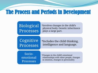 The Process and Periods in Development
•Involves changes in the child’s
physical body. Genetic inheritance
plays a large part.
Biological
Processes
•Includes the child thinking,
intelligence and language.
Cognitive
Processes
•Changes in the child’s emotional
relationships with other people, changes
in emotion, changes in personality.
Socio-
emotional
Processes
 
