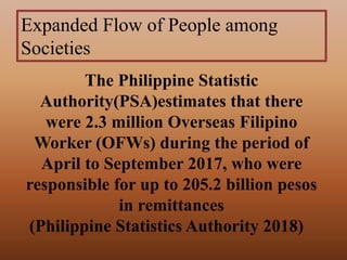 Expanded Flow of People among
Societies
The Philippine Statistic
Authority(PSA)estimates that there
were 2.3 million Overseas Filipino
Worker (OFWs) during the period of
April to September 2017, who were
responsible for up to 205.2 billion pesos
in remittances
(Philippine Statistics Authority 2018)
 