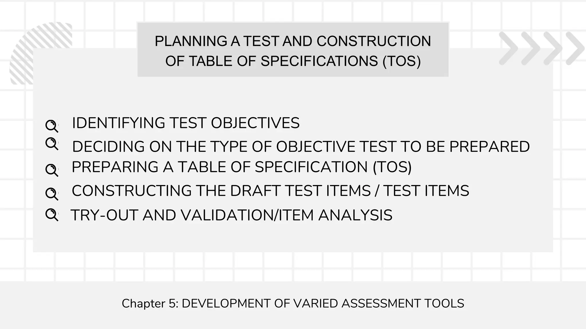PLANNING A TEST AND CONSTRUCTION
OF TABLE OF SPECIFICATIONS (TOS)
Chapter 5: DEVELOPMENT OF VARIED ASSESSMENT TOOLS
IDENTIFYING TEST OBJECTIVES
PREPARING A TABLE OF SPECIFICATION (TOS)
CONSTRUCTING THE DRAFT TEST ITEMS / TEST ITEMS
DECIDING ON THE TYPE OF OBJECTIVE TEST TO BE PREPARED
TRY-OUT AND VALIDATION/ITEM ANALYSIS
 