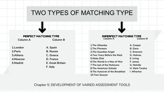 TWO TYPES OF MATCHING TYPE
Chapter 5: DEVELOPMENT OF VARIED ASSESSMENT TOOLS
Column A
1.London
2.Paris
3.Athens
4.Moscow
5.Madrid
PERFECT MATCHING TYPE IMPERFECT MATCHING TYPE
Column B
A. Spain
B. Russia
C. Greece
D. France
E. Great Britain
F. Italy
Column A
1.The Alhamba
2.The Pioneers
3.The Guardian Angel
4.Two Years Before the Mast
5.Moby Dick
6.The World in a Man of War
7.The last of the Mohicans
8.The American Scholar
9.The Autocrat of the Breakfast
10.Tom Sawyer
Column B
A. Cooper
B. Dana
C. Emerson
D. Holmes
E. Irving
F. James
G. Melville
H. Mark Twains
I. Wharton
 