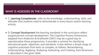 WHAT IS ASSESSED IN THE CLASSROOM?
 C. Learning Competencies refer to the knowledge, understanding, skills, and
attitudes that students need to demonstrate in every lesson and/or learning
activity.
 D. Concept Development the learning standards in the curriculum reflect
progressionsof concept development. The Cognitive Process Dimensions
adapted from Anderson & Krathwohl (2001) may be a good way to
operationalize these progressions. It provides a scheme for classifying
educational goals, objectives, and standards. It also defines a broad range of
cognitive processes from basic to complex, as follows: Remembering,
Understanding. Applying, Analyzing. Evaluating, and Creating. Each dimension
is described in the given table.
 