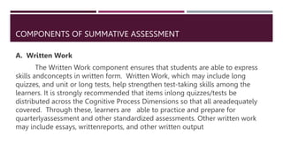 COMPONENTS OF SUMMATIVE ASSESSMENT
A. Written Work
The Written Work component ensures that students are able to express
skills andconcepts in written form. Written Work, which may include long
quizzes, and unit or long tests, help strengthen test-taking skills among the
learners. It is strongly recommended that items inlong quizzes/tests be
distributed across the Cognitive Process Dimensions so that all areadequately
covered. Through these, learners are able to practice and prepare for
quarterlyassessment and other standardized assessments. Other written work
may include essays, writtenreports, and other written output
 