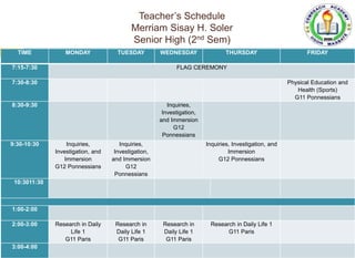 CLASS PROGRAM
Grade 7- Hammurabi
TIME MONDAY TUESDAY WEDNESDAY THURSDAY FRIDAY
7:15-7:30
7:30-8:30
8:30-9:30
9:30-9:40
9:4...