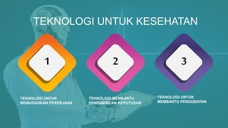 TEKNOLOGI UNTUK KESEHATAN
TEKNOLOGI UNTUK
MEMUDAHKAN PEKERJAAN
1 2 3
TEKNOLOGI MEMBANTU
PENGAMBILAN KEPUTUSAN
TEKNOLOGI UNTUK
MEMBANTU PENGOBATAN
 