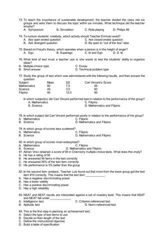73. To teach the importance of sustainable development, the teacher divided the class into six
groups and asks them to discuss the topic within six minutes. What technique did the teacher
employ?
A. Symposium B. Simulation C. Role playing D. Philips 66
74. To nurture students’ creativity, which activity should Teacher Emman avoid?
A. Ask open ended question C. Ask closed ended question
B. Ask divergent question D. Be open to “out of the box” idea
75. Based on Freud’s theory, which operates when a person is in the height of anger?
A. Ego B. Superego C. Id and Ego D. D. Id
76. What kind of test must a teacher use is she wants to test the students’ ability to organize
ideas?
A. Multiple-choice type C. Essay
B. Short answer D. Technical problem type
77. Study this group of test which was administered with the following results, and then answer the
question.
Subject Mean SD Carl Vincent’s Score
Mathematics 80 7.5 95
Science 49 3.0 60
Filipino 95 12.0 90
In which subject(s) did Carl Vincent performed best in relation to the performance of the group?
A. Mathematics C. Filipino
B. Science D. Mathematics and Filipino
78. In which subject did Carl Vincent performed poorly in relation to the performance of the group?
A. Mathematics C. Filipino
B. Science D. Mathematics and Filipino
79. In which group of scores less scattered?
A. Mathematics C. Filipino
B. Science D. Mathematics and Filipino
80. In which group of scores most widespread?
A. Mathematics C. Filipino
B. Science D. Mathematics and Filipino
81. Adrian Vinci obtained a score of 95 in Chemistry multiple choice tests. What does this imply?
A. He has a rating of 95
B. He answered 95 items in the test correctly
C. He answered 95% of the test item correctly
D. His performance is 5% better than the group
82. In his second item analysis, Teacher Luis found out that more from the lower group got the test
item #10 correctly. This means that the test item ____________.
A. Has a negative discriminating power
B. Has a lower validity
C. Has a positive discriminating power
D. Has a high reliability
83. NSAT and NEAT results are interpreted against a set of mastery level. This means that NSAT
and NEAT fall under _____________.
A. Intelligence test C. Criterion-referenced test
B. Aptitude test D. Norm-referenced test
84. This is the first step in planning an achievement test.
A. Select the type of test items to use
B. Decide on then length of the test
C. Define the instructional objective
D. Build a table of specification
 