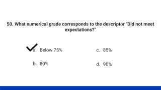 50. What numerical grade corresponds to the descriptor "Did not meet
expectations?”
a. Below 75%
b. 80%
c. 85%
d. 90%
 