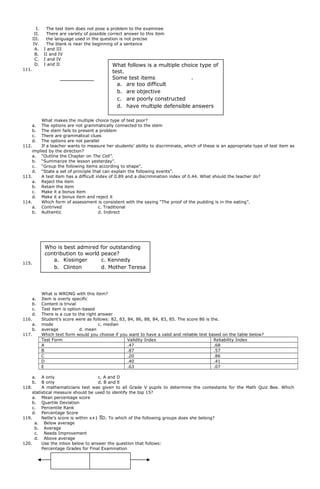I. The test item does not pose a problem to the examinee
II. There are variety of possible correct answer to this item
III. the language used in the question is not precise
IV. The blank is near the beginning of a sentence
A. I and III
B. II and IV
C. I and IV
D. I and II
111.
What makes the multiple choice type of test poor?
a. The options are not grammatically connected to the stem
b. The stem fails to present a problem
c. There are grammatical clues
d. The options are not parallel
112. If a teacher wants to measure her students’ ability to discriminate, which of these is an appropriate type of test item as
implied by the direction?
a. “Outline the Chapter on The Cell”.
b. “Summarize the lesson yesterday”.
c. “Group the following items according to shape”.
d. “State a set of principle that can explain the following events”.
113. A test item has a difficult index of 0.89 and a discrimination index of 0.44. What should the teacher do?
a. Reject the item
b. Retain the item
c. Make it a bonus item
d. Make it a bonus item and reject it
114. Which form of assessment is consistent with the saying “The proof of the pudding is in the eating”.
a. Contrived c. Traditional
b. Authentic d. Indirect
115.
What is WRONG with this item?
a. Item is overly specific
b. Content is trivial
c. Test item is option-based
d. There is a cue to the right answer
116. Student’s score were as follows: 82, 83, 84, 86, 88, 84, 83, 85. The score 86 is the.
a. mode c. median
b. average d. mean
117. Which text form would you choose if you want to have a valid and reliable test based on the table below?
Test Form Validity Index Reliability Index
A .47 .68
B .87 .57
C .20 .86
D .40 .41
E .63 .07
a. A only c. A and D
b. B only d. B and E
118. A mathematicians test was given to all Grade V pupils to determine the contestants for the Math Quiz Bee. Which
statistical measure should be used to identify the top 15?
a. Mean percentage score
b. Quartile Deviation
c. Percentile Rank
d. Percentage Score
119. Nellie’s score is within x±1 SD. To which of the following groups does she belong?
a. Below average
b. Average
c. Needs Improvement
d. Above average
120. Use the inbox below to answer the question that follows:
Percentage Grades for Final Examination
What follows is a multiple choice type of
test.
Some test items .
a. are too difficult
b. are objective
c. are poorly constructed
d. have multiple defensible answers
Who is best admired for outstanding
contribution to world peace?
a. Kissinger c. Kennedy
b. Clinton d. Mother Teresa
 