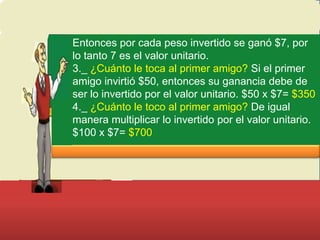 Entonces por cada peso invertido se ganó $7, por
lo tanto 7 es el valor unitario.
3._ ¿Cuánto le toca al primer amigo? Si el primer
amigo invirtió $50, entonces su ganancia debe de
ser lo invertido por el valor unitario. $50 x $7= $350
4._ ¿Cuánto le toco al primer amigo? De igual
manera multiplicar lo invertido por el valor unitario.
$100 x $7= $700

 