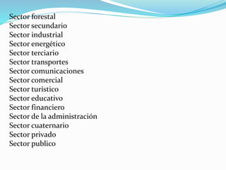 Sector forestal
Sector secundario
Sector industrial
Sector energético
Sector terciario
Sector transportes
Sector comunicaciones
Sector comercial
Sector turístico
Sector educativo
Sector financiero
Sector de la administración
Sector cuaternario
Sector privado
Sector publico
 