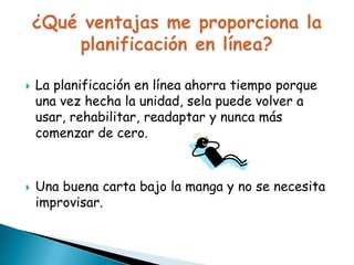 



La planificación en línea ahorra tiempo porque
una vez hecha la unidad, se la puede volver a
usar, rehabilitar, readaptar y nunca más
comenzar de cero.

Una buena carta bajo la manga y no se necesita
improvisar.

 