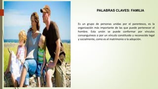 PALABRAS CLAVES: FAMILIA
Es un grupo de personas unidas por el parentesco, es la
organización más importante de las que puede pertenecer el
hombre. Esta unión se puede conformar por vínculos
consanguíneos o por un vínculo constituido y reconocido legal
y socialmente, como es el matrimonio o la adopción.
 