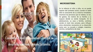 En la infancia el niño o niña, no se puede
separar del contexto social, cuando es bebé
sólo es consciente de su entorno inmediato,
reconoce las personas que lo rodean, la voz,
los gestos, los rostros de su familia y su
espacio donde se siente tranquilo. En la
adolescencia, su casa y familia, continúa
siendo el nivel más cercano, pero influyen
otros elementos necesarios en su desarrollo
como son: La escuela o colegio, maestros,
vecinos, compañeros de clase
MICROSISTEMA
 