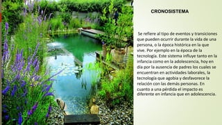 Se refiere al tipo de eventos y transiciones
que pueden ocurrir durante la vida de una
persona, o la época histórica en la que
vive. Por ejemplo en la época de la
tecnología. Este sistema influye tanto en la
infancia como en la adolescencia, hoy en
día por la ausencia de padres los cuales se
encuentran en actividades laborales, la
tecnología que agobia y desfavorece la
relación con las demás personas. En
cuanto a una pérdida el impacto es
diferente en infancia que en adolescencia.
CRONOSISTEMA
 