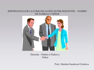 IMPORTANCIA DE LA COMUNICACIÓN ENTRE DOCENTES - PADRES
                   DE FAMILIA Y NIÑOS




               Docente – Padres ó Padres y
                         Niños

                                     Prof.: Marleni Sandoval Córdova
 