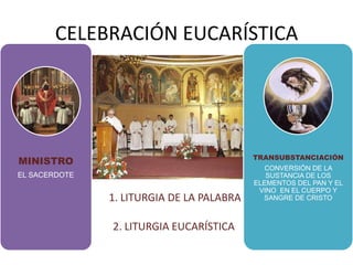 CELEBRACIÓN EUCARÍSTICA
1. LITURGIA DE LA PALABRA
2. LITURGIA EUCARÍSTICA
MINISTRO
EL SACERDOTE
TRANSUBSTANCIACIÓN
CONVERSIÓN DE LA
SUSTANCIA DE LOS
ELEMENTOS DEL PAN Y EL
VINO EN EL CUERPO Y
SANGRE DE CRISTO
 