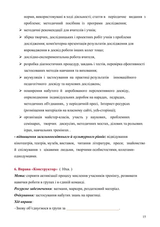 норми, використовувані в ході діяльності; стаття в періодичне видання з
проблеми; методичний посібник із програми дослідження;
 методичні рекомендації для вчителів і учнів;
 збірка творчих, дослідницьких і проектних робіт учнів з проблеми
дослідження; комп'ютерна презентація результатів дослідження для
впровадження в досвід роботи інших колег тощо;
 дослідно-експериментальна робота вчителя,
 розробка діагностичних процедур, завдань і тестів, перевірка ефективності
застосованих методів навчання та виховання;
 акумуляція і застосування на практиці результатів інноваційного
педагогічного досвіду та наукових досліджень;
 поширення набутого й апробованого перспективного досвіду,
оприлюднення індивідуальних доробок на нарадах, педрадах,
методичних об'єднаннях, у періодичній пресі, Інтернет-ресурсах
(розміщення матеріалів на власному сайті, уеЬ-сторінці);
 організація майстер-класів, участь у наукових, проблемних
семінарах, творчих дискусіях, методичних мостах, ділових та рольових
іграх, навчальних тренінгах .
- підвищення загальноосвітнього й культурного рівнів: відвідування
кінотеатрів, театрів, музеїв, виставок, читання літератури, преси; знайомство
й спілкування з цікавими людьми, творчими особистостями, колегами-
однодумцями.
6. Вправа «Конструктор» ( 10хв. )
Мета: сприяти активізації процесу мислення учасників тренінгу, розвивати
навички роботи в групах і в єдиній команді.
Ресурсне забезпечення: ватмани, маркери, роздатковий матеріал.
Очікування: застосування набутих знань на практиці.
Хід вправи:
–Знову об’єднуємося в групи за ____________________________.
15
 