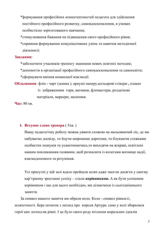 *формування професійних компетентностей педагога для здійснення
постійного професійного розвитку, самовдосконалення, в умовах
особистісно зорієнтованого навчання;
*стимулювання бажання на підвищення свого професійного рівня;
*сприяння формуванню комунікативних умінь та навичок методичної
діяльності.
Завдання:
*забезпечити учасників тренінгу знаннями нових освітніх методик;
*допомогти в організації професійного самовдосконалення та самоосвіти;
*сформувати вміння командної взаємодії.
Обладнання: фліп - чарт (дошка ), аркуші паперу,кольорові стікери , плакат
із зображенням гори, ватмани, фломастери, роздаткові
матеріали, маркери, малюнки.
Час: 80 хв.
1. Вступне слово тренера ( 5хв. )
Нашу педагогічну роботу можна уявити схожою на мальовничий ліс, де ми
набуваємо досвіду, то йдучи широкими дорогами, то блукаючи стежками
особистих пошуків то усамітнюючись,то виходячи на яскраві, освітлені
нашим покликанням галявини, щоб розпалити із колегами вогнище надії,
взаємодопомоги та розуміння.
Усі присутні у цій залі вдало пройшли шлях адже змогли досягти у своєму
кар’єрному зростанні успіху – стали керівниками. А як бути успішним
керівником і що для цього необхідно, ми дізнаємося із сьогоднішнього
заняття.
За символ нашого заняття ми обрали коло. Коло - символ рівності,
шляхетності. Бере початок з легенд про короля Артура: саме у колі збиралися
герої цих легенд-як рівні. І це було свого роду втілення моральних ідеалів
3
 
