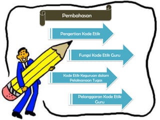 Pembahasan
Pengertian Kode Etik

Fungsi Kode Etik Guru

Kode Etik Keguruan dalam
Pelaksanaan Tugas

Pelanggaran Kode Etik
Guru

 