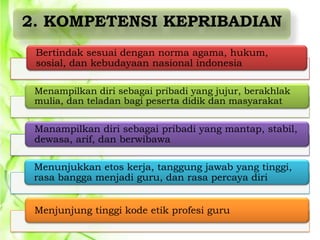 2. KOMPETENSI KEPRIBADIAN
Bertindak sesuai dengan norma agama, hukum,
sosial, dan kebudayaan nasional indonesia
Menampilkan diri sebagai pribadi yang jujur, berakhlak
mulia, dan teladan bagi peserta didik dan masyarakat

Manampilkan diri sebagai pribadi yang mantap, stabil,
dewasa, arif, dan berwibawa
Menunjukkan etos kerja, tanggung jawab yang tinggi,
rasa bangga menjadi guru, dan rasa percaya diri
Menjunjung tinggi kode etik profesi guru

 