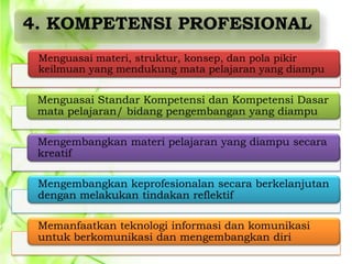 4. KOMPETENSI PROFESIONAL
Menguasai materi, struktur, konsep, dan pola pikir
keilmuan yang mendukung mata pelajaran yang diampu

Menguasai Standar Kompetensi dan Kompetensi Dasar
mata pelajaran/ bidang pengembangan yang diampu
Mengembangkan materi pelajaran yang diampu secara
kreatif
Mengembangkan keprofesionalan secara berkelanjutan
dengan melakukan tindakan reflektif

Memanfaatkan teknologi informasi dan komunikasi
untuk berkomunikasi dan mengembangkan diri

 
