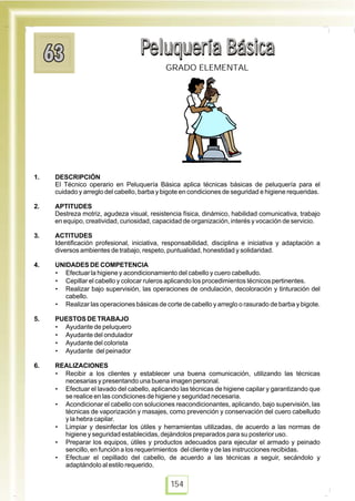 Peluquería BásicaPeluquería BásicaPeluquería BásicaPeluquería Básica
GRADO ELEMENTAL
1. DESCRIPCIÓN
El Técnico operario en Peluquería Básica aplica técnicas básicas de peluquería para el
cuidado y arreglo del cabello, barba y bigote en condiciones de seguridad e higiene requeridas.
2. APTITUDES
Destreza motriz, agudeza visual, resistencia física, dinámico, habilidad comunicativa, trabajo
en equipo, creatividad, curiosidad, capacidad de organización, interés y vocación de servicio.
3. ACTITUDES
Identificación profesional, iniciativa, responsabilidad, disciplina e iniciativa y adaptación a
diversos ambientes de trabajo, respeto, puntualidad, honestidad y solidaridad.
4. UNIDADES DE COMPETENCIA
• Efectuar la higiene y acondicionamiento del cabello y cuero cabelludo.
• Cepillar el cabello y colocar ruleros aplicando los procedimientos técnicos pertinentes.
• Realizar bajo supervisión, las operaciones de ondulación, decoloración y tinturación del
cabello.
• Realizar las operaciones básicas de corte de cabello y arreglo o rasurado de barba y bigote.
5. PUESTOS DE TRABAJO
• Ayudante de peluquero
• Ayudante del ondulador
• Ayudante del colorista
• Ayudante del peinador
6. REALIZACIONES
• Recibir a los clientes y establecer una buena comunicación, utilizando las técnicas
necesarias y presentando una buena imagen personal.
• Efectuar el lavado del cabello, aplicando las técnicas de higiene capilar y garantizando que
se realice en las condiciones de higiene y seguridad necesaria.
• Acondicionar el cabello con soluciones reacondicionantes, aplicando, bajo supervisión, las
técnicas de vaporización y masajes, como prevención y conservación del cuero cabelludo
y la hebra capilar.
• Limpiar y desinfectar los útiles y herramientas utilizadas, de acuerdo a las normas de
higiene y seguridad establecidas, dejándolos preparados para su posterior uso.
• Preparar los equipos, útiles y productos adecuados para ejecutar el armado y peinado
sencillo, en función a los requerimientos del cliente y de las instrucciones recibidas.
• Efectuar el cepillado del cabello, de acuerdo a las técnicas a seguir, secándolo y
adaptándolo al estilo requerido.
154
 