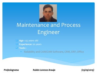Profesiograma Rubén Lorenzo Araujo (03/09/2019)
Maintenance and Process
Engineer
 Age : 45 years old
 Experience: 20 years
 Tools :
 Reliability and CAM/CAM Software, CRM, ERP, Office
 