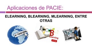 Aplicaciones de PACIE:
ELEARNING, BLEARNING, MLEARNING, ENTRE
                OTRAS
 