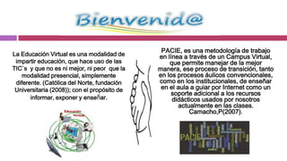 PACIE, es una metodología de trabajo
La Educación Virtual es una modalidad de      en línea a través de un Campus Virtual,
 impartir educación, que hace uso de las          que permite manejar de la mejor
TIC`s y que no es ni mejor, ni peor que la    manera, ese proceso de transición, tanto
    modalidad presencial, simplemente         en los procesos áulicos convencionales,
 diferente. (Católica del Norte, fundación    como en los institucionales, de enseñar
 Universitaria (2008)); con el propósito de    en el aula a guiar por Internet como un
                                                   soporte adicional a los recursos
       informar, exponer y enseñar.                didácticos usados por nosotros
                                                     actualmente en las clases.
                                                         Camacho,P(2007).
 