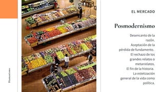 Humanismo
EL MERCADO
Posmodernismo
Desencanto de la
razón.
Aceptación de la
pérdida de fundamento.
El rechazo de los
grandes relatos o
metarrelatos.
El fin de la historia.
La estetización
general de la vida como
política.
 