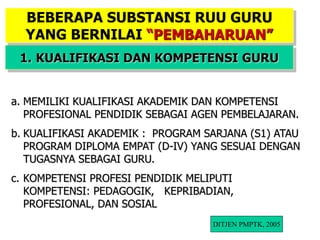 18
1. KUALIFIKASI DAN KOMPETENSI GURU
a. MEMILIKI KUALIFIKASI AKADEMIK DAN KOMPETENSI
PROFESIONAL PENDIDIK SEBAGAI AGEN PEMBELAJARAN.
b. KUALIFIKASI AKADEMIK : PROGRAM SARJANA (S1) ATAU
PROGRAM DIPLOMA EMPAT (D-IV) YANG SESUAI DENGAN
TUGASNYA SEBAGAI GURU.
c. KOMPETENSI PROFESI PENDIDIK MELIPUTI
KOMPETENSI: PEDAGOGIK, KEPRIBADIAN,
PROFESIONAL, DAN SOSIAL
BEBERAPA SUBSTANSI RUU GURU
YANG BERNILAI “PEMBAHARUAN”
DITJEN PMPTK, 2005
 