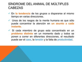 SÍNDROME DEL ANIMAL DE MÚLTIPLES
CABEZAS
 En la tendencia de los grupos a dispararse al mismo
tiempo en varias direcciones.
 Unos de los rasgos de la mente humana es que sólo
puede concentrar la atención en un asunto a cada
instante.
 Si cada miembro de grupo esta concentrado en un
problema distinto en un momento dado y todos se
ponen a correr en diferentes direcciones, el resultado
puede ser el caos, la tensión y la falta de productividad.
 