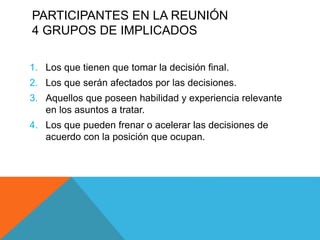 PARTICIPANTES EN LA REUNIÓN
4 GRUPOS DE IMPLICADOS
1. Los que tienen que tomar la decisión final.
2. Los que serán afectados por las decisiones.
3. Aquellos que poseen habilidad y experiencia relevante
en los asuntos a tratar.
4. Los que pueden frenar o acelerar las decisiones de
acuerdo con la posición que ocupan.
 
