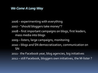 We Come A Long Way


2006 – experimenting with everything
2007 - “should bloggers take money”?
2008 – first important campaigns on blogs, first leaders,
  mass media into blogs
2009 – listers, large campaigns, monitoring
2010 – blogs and SN democratization, communication on
  SN
2011- the Facebook year, blog agencies, big initiatives
2012 – still Facebook, bloggers own initiatives, the M-lister ?
 