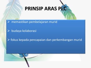 PRINSIP ARAS PLC
 memastikan pembelajaran murid
 budaya kolaborasi
 fokus kepada pencapaian dan perkembangan murid
 