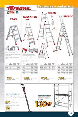 16
* PRECIOS CON IVA INCLUIDO
Peldaños de 13
cm fijados con dos
remaches de acero de 5
mm de gran resistencia.
Tarima
antideslizante de
acero. 27x27 cm.
Sistema de
estabilización en
cruz.
Amplia bandeja
portaobjetos,
herramientas de
trabajo y cubos.
Peldaño
antideslizante de
13 cm.
Amplio plano
de trabajo
antideslizante de
40x60 cm
Usando la trampilla
se sube con mayor
seguridad.
Amplio taco de
goma para un
mayor agarre.
OPCIONAL: BRA.TELES
(Ref. 88.529)
Barandilla de seguridad
desmontable con
parapeto de 60 cm. y2
peldaños de 15 cm.
ALTURA TOTAL DE
LA ESTRUCTURA
2 3 4 5 6 7 8 9 10
ALTURA HASTA LA
PLATAFORMA
2 2 3 4 5 6 7 8 9
ALTURA MÁXIMA
DE TRABAJO
4 4 5 6 7 8 9 10 11
PRECIO (€)* 640 819 1035 1194 1495 1654 1705 1864 1915
REF. DESCRIPCIÓN PRECIO€* PIEZAS PIEZAS PIEZAS PIEZAS PIEZAS PIEZAS PIEZAS PIEZAS PIEZA
88.520
88.521
88.522
88.523
88.524
88.525
Módulo base con cierre 390 € 1 1 1 1 1 1 1 1 1
Módulo intermedio 210 € - - - 1 1 2 2 3 3
Módulo final 230 € - - 1 - 1 - 1 - 1
Medio módulo final 179 € - 1 - 1 - 1 - 1 -
Estabilizadores 165 € - - 1 1 1 1 1 1 1
Base con trampilla y
zócalos
250 € 1 1 1 1 2 2 2 2 2
REF. Nº PELD.
PESO
(kg)
H MÁX.
TRABAJO
EN TIJERA
(cm)
MEDIDAS
CERRADA
(cm)
H DE
APOYO
(cm)
PRECIO €
(CON IVA)
88.506 5+6+6 13 395 195x50x15 367 236
88.507 7+8+8 18 448 251x50x15 420 299
88.508 9+10+10 23 580 307x50x20 631 370
88.509 11+12+12 29 659 363x50x20 762 425
88.510 13+14+14 41 765 419x50x25 894 565
88.511 14+15+15 43 818 447x50x25 946 718
REF.
Nº
PELD.
PESO
(kg)
H MÁX.
TRABAJO
EN TIJERA
(cm)
MEDIDAS
CERRADA
(cm)
H DE
APOYO
(cm)
PRECIO €
(CON IVA)
88.528 12+12 16 297 cm 185x68x20 553 275
88.526 8+8 11 212 cm 130x54x20 395 195
88.527 10+10 13 240 cm 158x61x20 442 225
REF.
PESO
(kg)
H
TRABAJO
MÍN/MÁX(cm)
H
PLATAFORMA
MÍN/MÁX(cm)
PRECIO €
(CON IVA)
88.518 19 260/310 80/130 625
88.519 24 310/390 130/210 725
REF. Nº PELD. PESO (kg)
H (cm)
ÚLTIMO PELDAÑO
PRECIO €
(CON IVA)
88.503 2+2 3,5 46 78
88.504 3+3 6 68 97
88.505 4+4 7,5 90 124
OPCIONAL DESCRIPCIÓN
BRA.TELES 88.529
(SOLICITAR PRESUPUESTO)
Barandilla de seguridad desmontable con
parapeto de 60 cm. y 2 peldaños de 15 cm.
REF.
Nº
PELD.
PESO
(kg)
H
PLATAFORMA
(cm)
H
TRABAJO
(cm)
PRECIO €
(CON IVA)
88.512 3 4,5 65 245 90
88.513 4 5 86 266 104
88.514 5 6 107 287 125
88.515 6 7 130 310 150
88.516 7 8 151 331 164
88.517 8 9 172 352 183
TPAS
Taburete doble subida.
PLS
Plataforma de trabajo segura. Regulable en altura.
RAPIDO 160
Andamio de aluminio con ruedas y plataforma de
80x160 cm.
236 €
IVA INCLUIDO
Desde
625 €
IVA INCLUIDO
Desde
640 €
IVA INCLUIDO
Desde
195 €
IVA INCLUIDO
Desde
90 €
IVA INCLUIDO
Desde
78 €
IVA INCLUIDO
Desde
MÁXKG
170
EN 1004
Clase 2
150 kg/m2
EN 14183
EN 14183 KIT DE PLEGADO INCLUIDO
EN 131
EN 131-1,2.3 EN 131-1,2.3
Peldaños de 13
cm fijados con dos
remaches de acero de 5
mm de gran resistencia.
13 cm
Tarima
antideslizante de
acero. 27x27 cm.
de
n
z.
Amplia bandeja
portaobjetos,
herramientas de
trabajo y cubos.
REF.
Nº
PELD.
PESO
(kg)
H
PLATAFORMA
(cm)
H
TRABAJO
(cm)
PRECIO €
(CON IVA)
88.512 3 4,5 65 245 90
88.513 4 5 86 266 104
88.514 5 6 107 287 125
88.515 6 7 130 310 150
88.516 7 8 151 331 164
88.517 8 9 172 352 183
LEGANCE
lera de tijera en aluminio con peldaños
odos.
APIDO 160
mio de aluminio con ruedas y plataforma de
60 cm.
640 €
IVA INCLUIDO
Desde
90 €
IVA INCLUIDO
Desde
KIT DE PLEGADO INCLUIDO
EN 131
72,73 € + IVA = 88,00 €
Ref. 99.565 - 99.567
197,52 € + IVA = 239,00 €
Ref. 99.568 - 99.573
85,95 € + IVA = 104,00 €
Ref. 99.574 - 99.579
177,69 € + IVA = 215,00 €
Ref. 99.580 - 99.582
Escaleras y andamios
PUNTAL DE EXPANSIÓN PIHER
Con zapatas de goma antideslizante adaptables
a distintos ángulos. Freno de seguridad, soporte
regulable a cualquier altura con doble gancho.
Capacidad máx. en 45º: 20 kg. En vertical: 60 kg.
P3.
Abertura máxima 170 cm y mínima 95 cm.
26,03 € + IVA = 31,50 €
Ref. 99.805
Abertura máxima 290 cm y mínima
155 cm.
28,43 € + IVA = 34,40 €
Ref. 99.806
ANDAMIO MULTIUSOS VITO
5 alturas, plegado fácil y rápido
almacenamiento. Andamio de
aluminio; pies antideslizantes.
Ref. 99.364
139,67€
+ IVA = 169,00 €
TPAS
TELES
EN1500
ELEGANCE
* PRECIOS CON IVA INCLUIDO
Peldaño
antideslizante de
13 cm.
Amplio plano
de trabajo
antideslizante de
40x60 cm
se sube con mayor
seguridad.
Amplio taco de
goma para un
mayor agarre.
ALTURA TOTAL DE
LA ESTRUCTURA
2 3 4 5 6 7 8 9 10
ALTURA HASTA LA
PLATAFORMA
2 2 3 4 5 6 7 8 9
ALTURA MÁXIMA
DE TRABAJO
4 4 5 6 7 8 9 10 11
PRECIO (€)* 640 819 1035 1194 1495 1654 1705 1864 1915
REF. DESCRIPCIÓN PRECIO€* PIEZAS PIEZAS PIEZAS PIEZAS PIEZAS PIEZAS PIEZAS PIEZAS PIEZA
88.520
88.521
88.522
88.523
88.524
88.525
Módulo base con cierre 390 € 1 1 1 1 1 1 1 1 1
Módulo intermedio 210 € - - - 1 1 2 2 3 3
Módulo final 230 € - - 1 - 1 - 1 - 1
Medio módulo final 179 € - 1 - 1 - 1 - 1 -
Estabilizadores 165 € - - 1 1 1 1 1 1 1
Base con trampilla y
zócalos
250 € 1 1 1 1 2 2 2 2 2
REF. Nº PELD. PESO (kg)
H (cm)
ÚLTIMO PELDAÑO
PRECIO €
(CON IVA)
88.503 2+2 3,5 46 78
88.504 3+3 6 68 97
88.505 4+4 7,5 90 124
MÁXKG
170
EN 1004
Clase 2
150 kg/m2
EN 14183
Ref.
Nº
Peldaños
H.Max.
Trabajo
Precio+
IVA
99.565 2+2 - 88,00€
99.566 3+3 - 106,00€
99.567 4+4 - 134,00€
Ref.
Nº
Peldaños
H.Max.
Trabajo
Precio+
IVA
99.574 3 245 104,00€
99.575 4 266 120,00€
99.576 5 287 139,00€
99.577 6 310 169,00€
99.578 7 331 180,00€
99.579 8 352 199,00€
Ref.
Nº
Peldaños
H.Max.
Trabajo
Precio+
IVA
99.580 8+8 212 215,00€
99.581 10+10 240 245,00€
99.582 12+12 297 289,00€
Ref.
Nº
Peldaños
H.Max.
Trabajo
Precio+
IVA
99.568 5+6+6 395 239,00€
99.569 7+8+8 448 299,00€
99.570 9+10+10 580 389,00€
99.571 11+12+12 659 440,00€
99.572 13+14+14 765 590,00€
99.573 14+15+15 818 649,00€
Peldaño antideslizante de 13 cm.
Amplio plano de trabajo antideslizante
de 40 x 60 cm.
Amplio taco de goma para un mayor
agarre.
Amplia bandeja porta-objetos,
herramientas de trabajo y cubos
Peldaños de 13 cm fijados con dos
remaches de acero de 5 mm de gran
resistencia
Tarima antideslizante de acero.
27 x 27 cm.
 