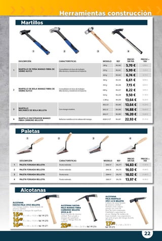 22
Herramientas construcción
Martillos
Paletas
DESCRIPCIÓN CARACTERÍSTICAS MODELO REF
PRECIO
SIN IVA
PRECIO +
IVA
1
MARTILLO DE PEÑA MANGO FIBRA DE
VIDRIO ALYCO
Comodidadalahoradetrabajar.
Altadurezayresistenciaalimpacto.
180g 99.240 5,70 € 6,90 €
320g 99.241 5,99 € 7,25 €
420g 99.242 6,74 € 8,15 €
2
MARTILLO DE BOLA MANGO FIBRA DE
VIDRIO ALYCO
Comodidadalahoradetrabajar.
Altadurezayresistenciaalimpacto.
360g 99.235 6,61 € 8,00 €
455g 99.236 7,15 € 8,65 €
680g 99.237 8,22 € 9,95 €
910g 99.238 9,50 € 11,50 €
1.360g 99.239 13,64 € 16,50 €
3
MARTILLO
MECÁNICO DE BOLA BELLOTA
Conmangomadera.
8011-D 99.288 13,64 € 16,50 €
8011-E 99.289 14,88 € 18,00 €
8011-F 99.290 16,20 € 19,60 €
4
MARTILLO ENCOFRADOR MANGO
FIBRA CARBONO BELLOTA
Refuerzometálicoenlacabezadelmango. 8030CICF 99.287 22,93 € 27,75 €
1 2 3 4
DESCRIPCIÓN CARACTERÍSTICAS MODELO REF
PRECIO
SIN IVA
PRECIO +
IVA
1 PALETA FORJADA BELLOTA Puntaredonda. 5842-H 99.277 14,83 € 17,95 €
2 PALETA FORJADA BELLOTA Puntaredonda. 5841-B 99.275 16,03 € 19,40 €
3 PALETA FORJADA BELLOTA Puntarecta. 5844-A 99.278 18,02 € 21,80 €
4 PALETA FORJADA BELLOTA Puntaredonda. 5842-F 99.276 13,97 € 16,90 €
1 2 3 4
Alcotanas
ALCOTANA
PALA-MARTILLO
5931-A N BELLOTA
Cabeza de acero forjado
de máxima calidad.
Perfecta unión cabeza
mango con cuña de
fibra de vidrio patentada.
Fiabilidad y seguridad en
el uso. Mango de madera de
haya ovalado, muy ergonómico,
que evita el giro del mango durante
el trabajo.
17,31 € + IVA = 20,95 €
Ref. 99.272
ALCOTANA
HACHA-PALA 5932 BELLOTA
Con mango madera. Acero forjado de
máxima calidad.
Para picado y revoque de superficies.
15,70 € + IVA = 19,00 € Ref. 99.273
16,49 € + IVA = 19,95 € Ref. 99.270
16,94 € + IVA = 20,50 € Ref. 99.271
ALCOTANA HACHA-
PALA MANGO FIBRA
CARBONO BELLOTA
5932-A-CF
Acero forjado de máxima
calidad. Para picado y
revoque de superficies.
1.000 g. Mango fibra de
carbono.
22,23 € + IVA = 26,90 € Ref. 99.274
 