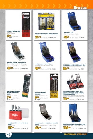 PROFESIONAL OTOÑO 2021
49
JUEGO 25 BROCAS HSS IZAR
Brocas para acero uso general DIN 338
1-13 x 0,50.
47,07 € + IVA = 56,95 € Ref. 99.830
JUEGO 25 BROCAS HSSE COBALTO IZAR
Brocas para aceros duros DIN 338 1-13 x 0,50.
86,78 € + IVA = 105,00 € Ref. 99.831
JUEGO 5 BROCAS PARA
PIEDRA “MASONRY”
IRWIN
4 - 5 - 6 - 8 y 10 mm.
7,98 € + IVA = 9,65 €
Ref. 99.1017
JUEGO DE BROCAS ESCALONADAS IZAR
Con avellanado a 45º. 4-12; 4-20; 6-30 mm.
108,26 € + IVA = 131,00 € Ref. 99.833
ESTUCHE AVELLANADORES HSS DIN335C
HEPYC
Punta de 90º Ø6,3-8,3-10,4-12,4-16,5-20,5.
63,60 € + IVA = 76,95 € Ref. 99.887
JUEGO 3 FRESAS ROTATIVAS METAL
DURO
Formas A-G-D.
57,81 € + IVA = 69,95 € Ref. 99.131
ESTUCHE CON 8 BROCAS SDS-PLUS
CON 4 ESPIRALES DE CORTE Y PUNTA
CENTRADORA BOSCH
6 x 50 x 110 (2 uds.), 6 x 100 x 160 (2 uds.),
8 x 100 x 160 (2 uds.), 10 x 100 x 160 (2 uds.).
16,49 € + IVA = 19,95 € Ref. 99.1137
JUEGO HSS IZAR
Brocas para aceros uso general.
19 brocas, din 338 1-10 x 0,50.
22,31 € + IVA = 27,00 € Ref. 99.832
ESTUCHE 5 BROCAS
DIAMOND
Para hormigón, Ø4-10 mm.
8,68 € + IVA = 10,50 €
Ref. 99.888
JUEGO 15 BROCAS HSS TITANIUM IRWIN
1,5 a 10 mm.
21,45 € + IVA = 25,95 € Ref. 99.1018
ESTUCHE 5 BROCAS HSS
Para metal.
Ø 4-5-6-8-10 mm.
5,66 € + IVA = 6,85 €
Ref. 99.889
JUEGO DE BROCAS HSS CO HEPYC
5% de cobalto, especialmente fabricada para
taladrar metales de gran dureza hasta 80 kg.
19 piezas DIN 338 diámetro: 1-10*0.5.
37,15 € + IVA = 44,95 € Ref. 99.886
Brocas
 