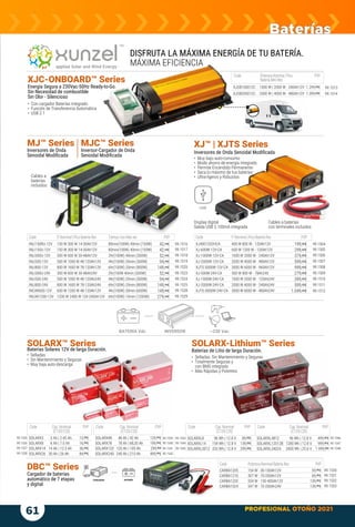 PROFESIONAL OTOÑO 2021
INVERSOR ~230 Vac
BATERÍA Vdc
MJ™ Series
Inversores de Onda
MJC™ Series
Inversor-Cargador de Onda
USB
• Con cargador Baterías integrado
• Función de Transferencia Automática
• USB 2.1
XJC-ONBOARD™ Series
Energía Segura a 230Vac-50Hz Ready-to-Go.
Sin Necesidad de combustible
Sin Olor - Silencioso
Code PotenciaNominalBateríaRec PVP
CARBA1205 154 W - 30-100Ah12V 59,99€
CARBA1210 307 W - 70-200Ah12V 69,99€
CARBA1220 554 W - 130-400Ah12V 139,99€
CARBA1024 547 W - 70-200Ah24V 139,99€
SOLARX™ Series
Baterías Solares 12V de larga Duración.
• Selladas
• Sin Mantenimiento y Seguras
• Muy baja auto-descarga
SOLARX-Lithium™ Series
Baterías de Litio de larga Duración.
• Selladas, Sin Mantenimiento y Seguras
• Totalmente Seguras y
con BMS integrado
• Más Rápidas y Potentes
XJ™ | XJTS Series
Code P.Nominal|PicoBateríaRec TiempoUsoMáxrec PVP
INLI150RU-12V 150 W 300 W 14-30Ah12V 80min(100W) 40min (150W) 42,99€
INLI150U-12V 150 W 300 W 14-30Ah12V 80min(100W) 40min (150W) 42,99€
INLI300U-12V 300 W 600 W 30-48Ah12V 2hr(100W) 40min (300W) 52,99€
INLI500-12V 500 W 1000 W 48-120Ah12V 4hr(100W) 35min (500W) 94,99€
INLI800-12V 800 W 1600 W 78-120Ah12V 6hr(100W) 20min (800W) 149,99€
INLI300U-24V 300 W 600 W 30-48Ah24V 2hr(100W 40min (300W) 52,99€
INLI500-24V 500 W 1000 W 48-120Ah24V 4hr(100W) 35min (500W) 94,99€
INLI800-24V 800 W 1600 W 78-120Ah24V 6hr(100W) 20min (800W) 149,99€
INCAR600-12V 600 W 1200 W 48-120Ah12V 4hr(100W) 30min (600W) 149,99€
INCAR1200-12V 1200 W 2400 W 120-240Ah12V 6hr(100W) 10min (1200W) 279,99€
Code P.Nominal|PicoBateríaRec PVP
XJ4001202HCA 400 W 800 W - 120Ah12V 199,00€
XJ-600W-12V-CA 600 W 1200 W - 120Ah12V 299,00€
XJ-1000W-12V-CA 1000 W 2000 W - 240Ah12V 379,00€
XJ-2000W-12V-CA 2000 W 4000 W - 480Ah12V 599,00€
XJTS-3000W-12V-CA 3000 W 6000 W - 960Ah12V 999,00€
XJ-500W-24V-CA 500 W 800 W - 78Ah24V 279,00€
XJ-1000W-24V-CA 1000 W 2000 W - 120Ah24V 399,00€
XJ-2000W-24V-CA 2000 W 4000 W - 240Ah24V 599,00€
XJTS-3000W-24V-CA 3000 W 6000 W - 480Ah24V 1.049,00€
Display digital
Salida USB 2.100mA integrada
Cables a baterías
con terminales incluidos
Cables a
baterías
incluidos
• Muy bajo auto-consumo
• Modo ahorro de energía integrado
• Permite Encendido Permanente
• Saca lo máximo de tus baterías
• Ultra-ligeros y Robustos
Code PotenciaNomina|Pico
BateríaMiniRec
PVP
XJOB100012C 1000 W | 2000 W - 240Ah12V 1.299,00€
XJOB200012C 2000 W | 4000 W - 480Ah12V 1.399,00€
Code Cap.Nominal
(C120|C20)
PVP
SOLARX3 3 Ah | 2.45 Ah 13,99€
SOLARX8 8 Ah | 7.0 Ah 16,99€
SOLARX14 14 Ah | 12.5 Ah 36,99€
SOLARX26 30 Ah | 26 Ah 84,99€
Code Cap.Nominal
(C120|C20)
PVP
SOLARX48 48 Ah | 42 Ah 129,99€
SOLARX78 78 Ah | 68,30 Ah 199,99€
SOLARX120 120 Ah | 105 Ah 299,99€
SOLARX240 240 Ah | 210 Ah 499,99€
Code Cap.Nominal
(C120|C20)
PVP
SOLARXL8 96 Wh | 12.8 V 89,00€
SOLARXL14 154 Wh | 12.8 V 139,00€
SOLARXL3012 333 Wh | 12.8 V 299,00€
Code Cap.Nominal
(C120|C20)
PVP
SOLARXL4812 96 Wh | 12.8 V 499,00€
SOLARXL12012B 1280 Wh | 12.8 V 999,00€
SOLARXL24024 2400 Wh | 25.6 V 1.999,00€
DISFRUTA LA MÁXIMA ENERGÍA DE TU BATERÍA.
MÁXIMA EFICIENCIA
CARGADOR BATERÍA
DBC™ Series
Cargador de baterías
automático de 7 etapas
y digital
99.1513
99.1514
99.1516
99.1517
99.1518
99.1519
99.1520
99.1523
99.1524
99.1525
99.1528
99.1504
99.1505
99.1506
99.1507
99.1508
99.1509
99.1510
99.1511
99.1512
99.1530
99.1531
99.1532
99.1533
99.1539
99.1535
99.1536
99.1537
99.1538
99.1543
99.1547
99.1546
99.1548
99.1540 99.1544
99.1541
99.1542
99.1545
99.1529
Baterías
61
 