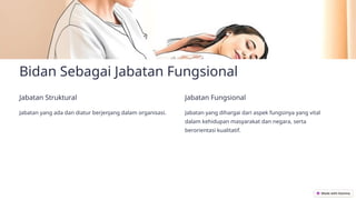 Bidan Sebagai Jabatan Fungsional
Jabatan Struktural
Jabatan yang ada dan diatur berjenjang dalam organisasi.
Jabatan Fungsional
Jabatan yang dihargai dari aspek fungsinya yang vital
dalam kehidupan masyarakat dan negara, serta
berorientasi kualitatif.
 