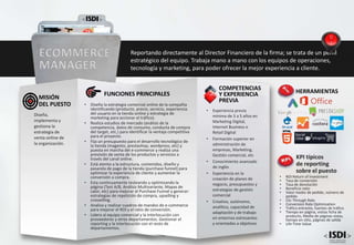 • Experiencia previa
mínima de 3 a 5 años en
Marketing Digital,
Internet Business o
Retail Digital
• Formación superior en
administración de
empresas, Marketing,
Gestión comercial, etc
• Conocimiento avanzado
de inglés
• Experiencia en la
creación de planes de
negocio, presupuestos y
estrategias de gestión
comercial
• Creativo, autónomo,
analítico, capacidad de
adaptación y de trabajo
en entornos estresantes
y orientados a objetivos
COMPETENCIAS
Y EXPERIENCIA
PREVIA
FUNCIONES PRINCIPALES
• Diseña la estrategia comercial online de la compañía
identificando (producto, precio, servicio, experiencia
del usuario en la tienda online y estrategia de
marketing para accionar el tráfico).
• Realiza estudios de mercado (análisis de la
competencia, datos de consumo, conducta de compra
del target, etc.) para identificar la ventaja competitiva
para el proyecto.
• Fija un presupuesto para el desarrollo tecnológico de
la tienda (magento, prestashop, wordpress, etc) y
puesta en marcha del e-commerce y realiza una
previsión de venta de los productos y servicios a
través del canal online.
• Está atento a la estructura, contenidos, diseño y
pasarela de pago de la tienda (purchase funnel) para
optimizar la experiencia de cliente y aumentar la
conversión a compra.
• Esta continuamente testeando y optimizando la
página (Test A/B, Análisis Multivariante, Mapas de
calor, etc) para mejorar el Purchase Funnel y generar:
estrategias de repetición de compra, upselling y
crosselling.
• Analiza y realizar cuadros de mandos de e-commerce
para mejorar el ROI y el ratio de conversión.
• Lidera al equipo comercial y la interlocución con
proveedores y otros departamentos. Gestionar el
reporting y la interlocución con el resto de
departamentos.
Diseña,
implementa y
gestiona la
estrategia de
venta online de
la organización.
MISIÓN
DEL PUESTO
ECOMMERCE
MANAGER
Reportando directamente al Director Financiero de la firma; se trata de un perfil
estratégico del equipo. Trabaja mano a mano con los equipos de operaciones,
tecnología y marketing, para poder ofrecer la mejor experiencia a cliente.
KPI típicos
de reporting
sobre el puesto
• ROI Return of Investment
• Tasa de conversión
• Tasa de devolución
• Beneficio neto
• Valor medio de pedido, número de
pedido
• Clic Through Rate
• Conversion Rate Optimization
• Tráfico entrante, fuentes de tráfico
• Tiempo en página, visitas ficha de
producto, Media de páginas vistas,
tiempo en sitio, páginas de salida
• Life Time Value
HERRAMIENTAS
Social
CRM
 